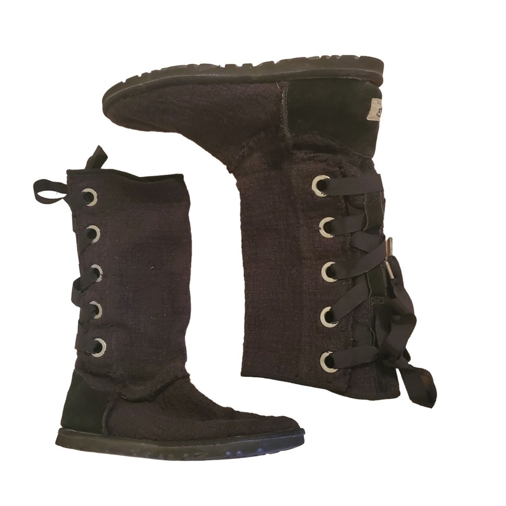 Ugg 8 Black Knit Winter Boots 1000693 Back Lace Up Sheepskin HEIRLOOM Cozy Comfy